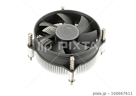 CPU Air cooler isolated on white background. Old aluminium pc processor cooler. CPU Air cooler isolated on white background. Old aluminium pc processor cooler. 108667611