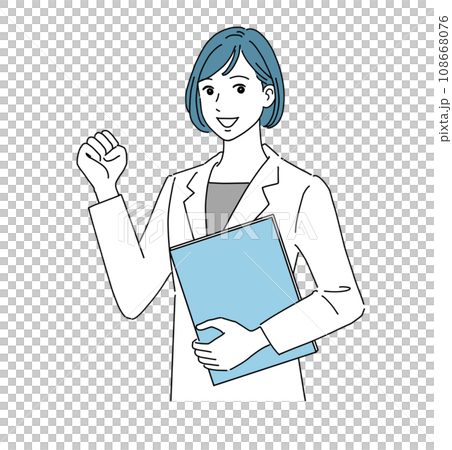 ガッツポーズする白衣の女性 108668076