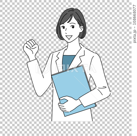 ガッツポーズする白衣の女性 108668077