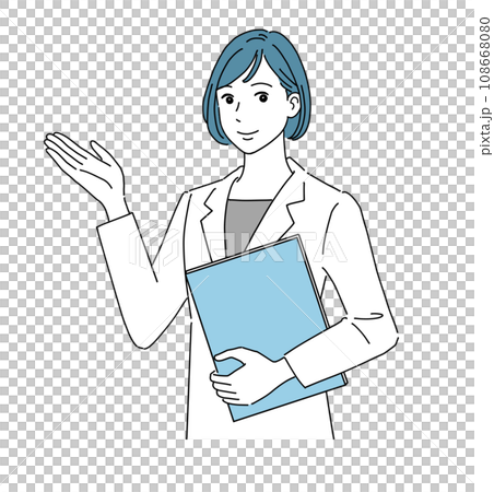 A woman in a white coat guiding with a smile 108668080