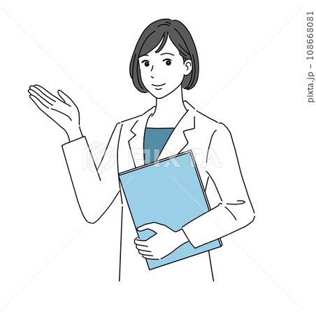 笑顔で案内する白衣の女性 108668081