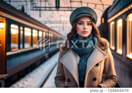 positive beautiful woman on railway station perron at winter early afternoon. Travelling and vacations concept.. AI 108668470