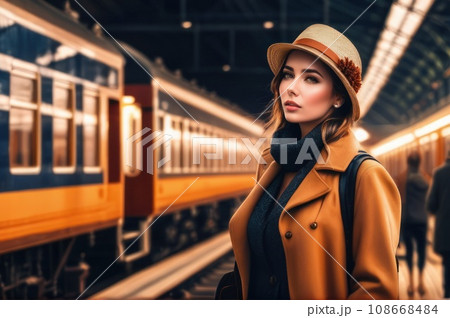 positive beautiful woman on railway station perron at fall twilight. Travelling and vacations concept.. AI 108668484