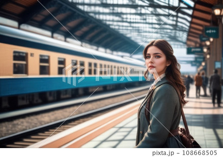 optimistic female on railway station perron at spring early afternoon. Travelling and vacations concept.. AI 108668505