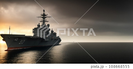 panoramic view of a generic military aircraft carrier ship with fighter jets take off. Nuclear ship Military navy war in sea or ocean carrier full loading fighter jet aircraft. Banner. AI panoramic view of a generic military aircraft carrier ship with fighter jets take off. Nuclear ship Military navy war in sea or ocean carrier full loading fighter jet aircraft. Banner. AI 108668555