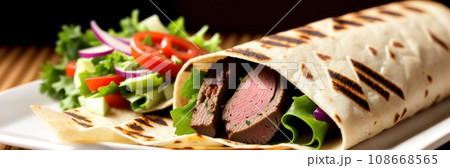 Two parts of Eastern cheesy shawarma with layers of chicken meat, cucumber, cabbage, cheese served on plate, on dark background. Turkish donner wrapped in lavash bread.. Panoramic banner. AI 108668565