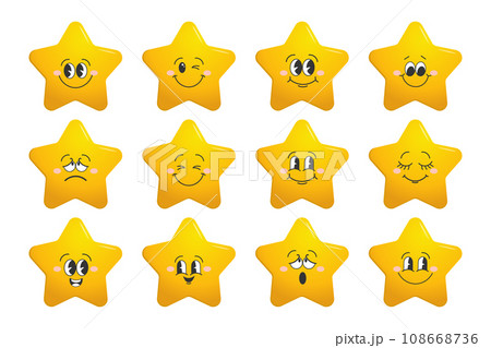 Star character set. Gold funny stars with emotions on face, cute cartoon emoji design. Vector 108668736