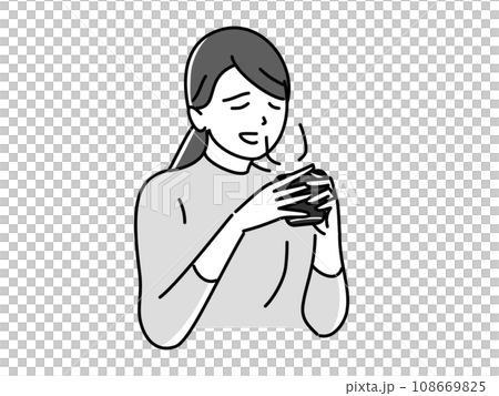 A woman drinking a drink and taking a breather 108669825