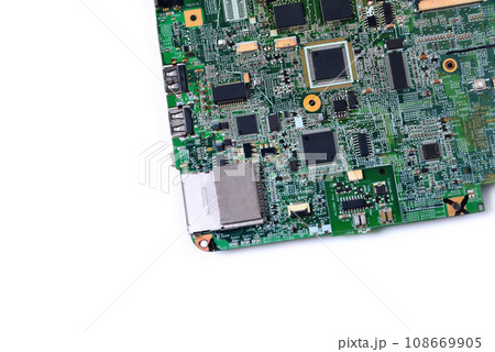 old microcircuit from a laptop, background, on a white background 108669905