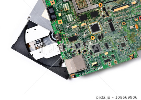 An old micro circuit for a laptop and CD rom , White background 108669906
