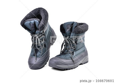 specialized shoes, off-road boots warmed for the cold season, high shin, lacing, anti-slip corrugated reinforced sole for travel and winter fishing isolate on a white background 108670601