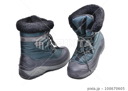 specialized shoes, off-road boots warmed for the cold season, high shin, lacing, anti-slip corrugated reinforced sole for travel and winter fishing isolate on a white background specialized shoes, off-road boots warmed for the cold season, high shin, lacing, anti-slip corrugated reinforced sole for travel and winter fishing isolate on a white background 108670605