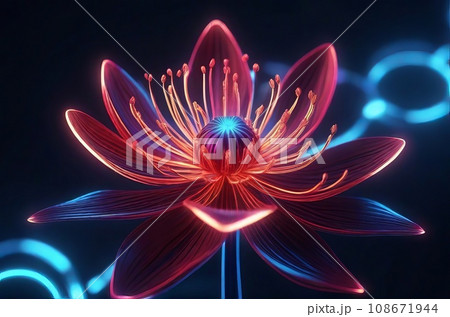 Digital Wallpaper Featuring Neon Light Glow and Intricate Wireframe Blossoms for a Contemporary and Artistic Visual Experience. Generative AI. 108671944