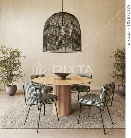 Stylish Dining Room with Houndstooth Chairs and Pendant Light 108672185