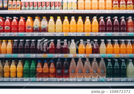many juices on fruit bars in a grocery store 108672372