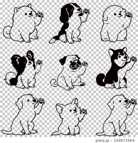 Simple and cute illustrations of various dogs waving while sitting Set C Only the main line is white Simple and cute illustrations of various dogs waving while sitting Set C Only the main line is white 108672664