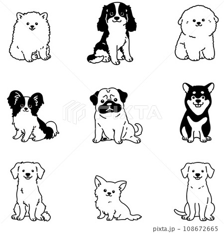 お座りする色々な犬のシンプルで可愛いイラスト　セットC　主線のみ白抜き 108672665