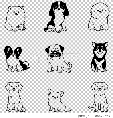 お座りする色々な犬のシンプルで可愛いイラスト　セットC　主線のみ白抜き 108672665