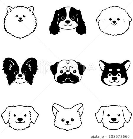 色々な犬のシンプルで可愛い顔セットC 主線のみ白抜き 色々な犬のシンプルで可愛い顔セットC 主線のみ白抜き 108672666