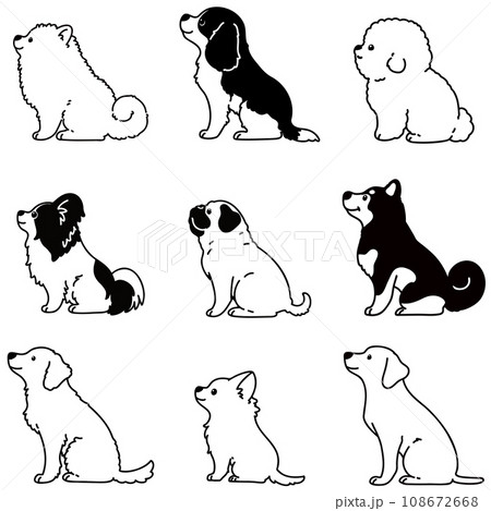 横向きでお座りする色々な犬のシンプルで可愛いイラスト セットC 主線のみ白抜き 横向きでお座りする色々な犬のシンプルで可愛いイラスト セットC 主線のみ白抜き 108672668