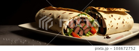 Shawarma sandwich gyro fresh roll or pita bread with grilled meat, cheese, cabbage, carrots, sauce, green on dark background. Traditional middle eastern snack. Donner in lavash bread. Panoramic 108672752
