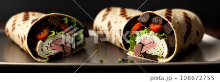 Two parts of Eastern cheesy shawarma with layers of chicken meat, cucumber, cabbage, cheese served on plate, on dark background. Turkish donner wrapped in lavash bread.. Panoramic banner. AI Two parts of Eastern cheesy shawarma with layers of chicken meat, cucumber, cabbage, cheese served on plate, on dark background. Turkish donner wrapped in lavash bread.. Panoramic banner. AI 108672755