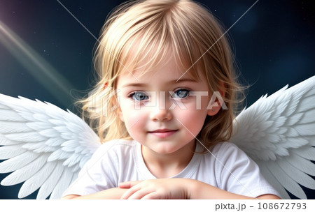 Portrait of a beautiful smiling angel girl in white dress. Small child with angel wings looking at camera, light shining around. Curly blonde with blue eyes. Angels day greeting card concept. AI Portrait of a beautiful smiling angel girl in white dress. Small child with angel wings looking at camera, light shining around. Curly blonde with blue eyes. Angels day greeting card concept. AI 108672793