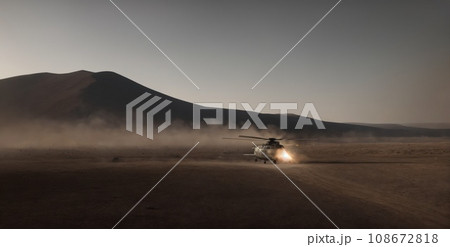 Military combat and war with helicopter landing in the chaos and destruction. Military helicopter crosses fire and smoke in the desert, explosions, steam, dust clouds Banner. AI 108672818