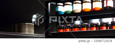 Glass bottles in production in the tray of an automatic liquid dispenser, a line for filling medicines against bacteria and viruses, antibiotics and vaccines. Banner. AI 108672829