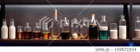 Close-up of a shelf with bottles in chemical laboratory. Various pills bottles for medicine. Pharmaceutical concept of healthcare, pharma industry, medication and drugs production. Medical research 108672834