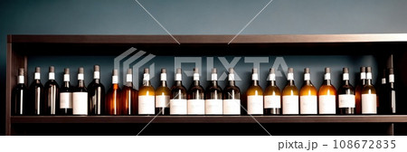 Close-up of a shelf with bottles in chemical laboratory. Various pills bottles for medicine. Pharmaceutical concept of healthcare, pharma industry, medication and drugs production. Medical research 108672835