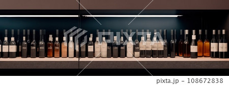 Close-up of a shelf with bottles in chemical laboratory. Various pills bottles for medicine. Pharmaceutical concept of healthcare, pharma industry, medication and drugs production. Medical research 108672838