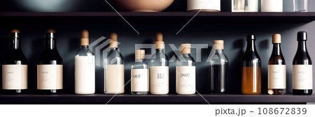 Close-up of a shelf with bottles in chemical laboratory. Various pills bottles for medicine. Pharmaceutical concept of healthcare, pharma industry, medication and drugs production. Medical research 108672839