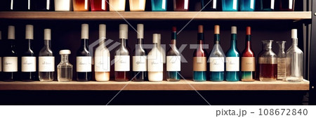Close-up of a shelf with bottles in chemical laboratory. Various pills bottles for medicine. Pharmaceutical concept of healthcare, pharma industry, medication and drugs production. Medical research 108672840