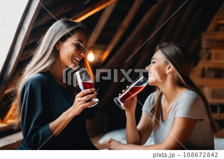 Happy positive Sister and Aunt drinking soda in attic, holding glasses, keeping healthy hydration, diet, lifestyle, caring for f . Caring for family health, wellbeing. AI 108672842