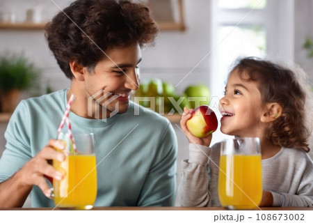 Happy positive Nephew and Aunt drinking apple juice in workshop, holding glasses, keeping healthy hydration, diet, lifestyle, ca . Caring for family health, wellbeing. AI 108673002