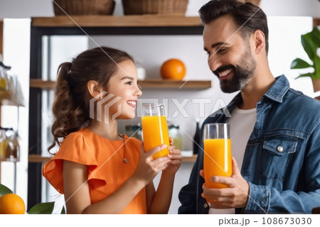 Happy positive Niece and Father drinking orange juice in pantry, holding glasses, keeping healthy hydration, diet, lifestyle, ca . Caring for family health, wellbeing. AI 108673030