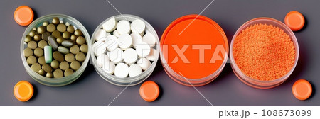Many different drugs in pills, tablets and syringe in packages and laboratory bottles and flasks. Panoramic Banner for pharmaceutical and healthcare and drug research labs. Sport nutrition concept. AI Many different drugs in pills, tablets and syringe in packages and laboratory bottles and flasks. Panoramic Banner for pharmaceutical and healthcare and drug research labs. Sport nutrition concept. AI 108673099