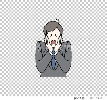 頬に手をあてて絶叫ポーズをする男性（ビジネスマン、スーツ） 108673310