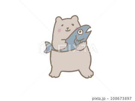 嬉しそうにサーモンを抱くくまのかわいいイラスト 108673897