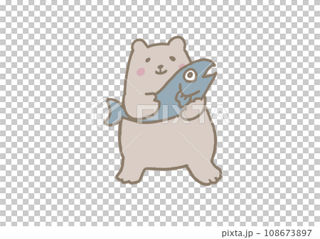 嬉しそうにサーモンを抱くくまのかわいいイラスト 108673897