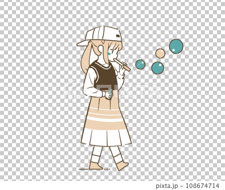 Illustration of a girl blowing bubbles 108674714