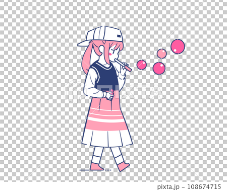 Illustration of a girl blowing bubbles 108674715