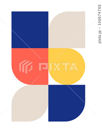 Trendy bauhaus pattern poster. Vector geometric color shapes in blue, beige, yellow and red colors. Simple abstract modern design elements. Fashion retro print for greeting card, web design Trendy bauhaus pattern poster. Vector geometric color shapes in blue, beige, yellow and red colors. Simple abstract modern design elements. Fashion retro print for greeting card, web design 108674788