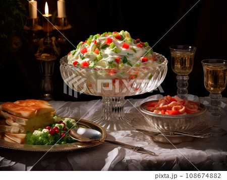 Table setting restaurant olivier salad in crystal dishes New Year Russian feast 108674882