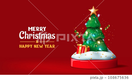 Christmas tree. 3d merry xmas banner, new year background, happy greeting card with red decoration. Fir with toys , giftbox and snow on podium. Vector render glossy elements, holiday concept 108675636