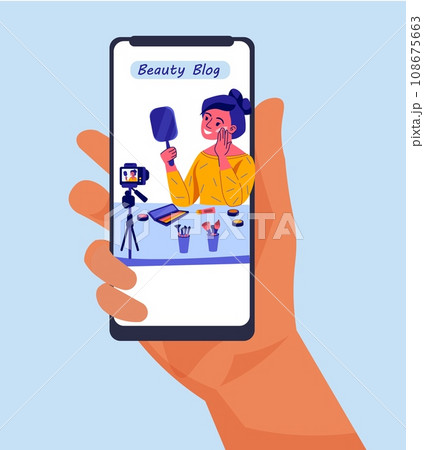 Bloggers live streaming. Beauty blog. Hand holding smartphone. Woman does makeup in front of camera. Cosmetic review. Content broadcast. Video watching. Mobile technology. Vector concept 108675663