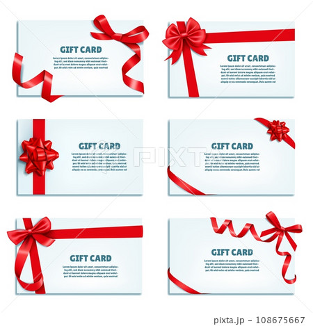 Gift cards. Ribbon bow. Present red decor or holiday coupon with tag. Present for birthday or Xmas. Satin tape. Anniversary celebration invitation template. Vector tickets design set 108675667