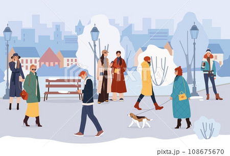 Winter park. Snow cityscape. Family walk outdoor. Ski season. People on nature activity. Snowman and snowdrift. Characters in trendy outerwear. Friends stroll with dog. Vector background 108675670