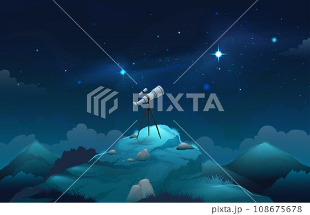 Space telescope. Stars and planets observing. Looking at starry sky and milky way at night. Astronomy research. Galaxy landscape. Magnification equipment. Vector cartoon background 108675678
